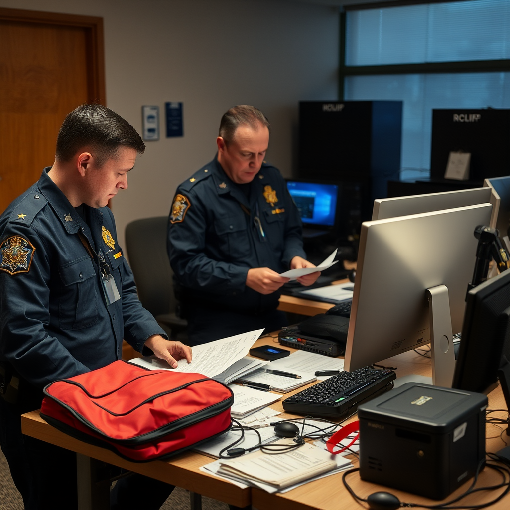 RCMP cybercrime unit officers examining computer equipment and documents during the identity theft investigation in Toronto, with evidence bags and digital forensics equipment visible on tables