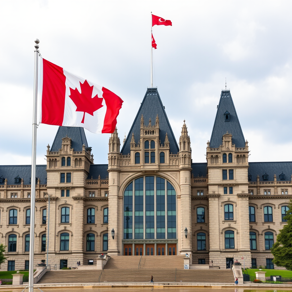 Canadian Parliament building with flag flying, representing new federal legislation being passed to protect consumers from financial crimes and fraud