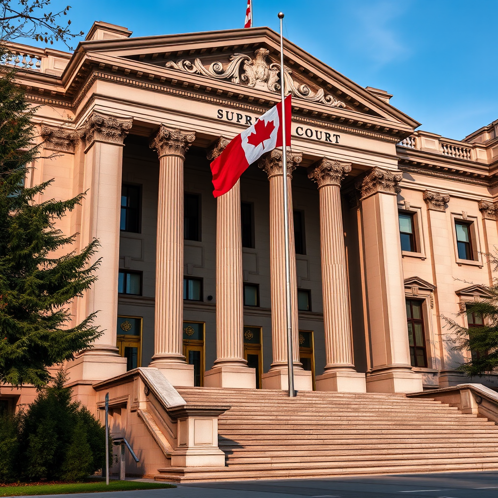 Vancouver Supreme Court building exterior with Canadian flag, showing the imposing neoclassical architecture where the landmark credit card fraud case was decided
