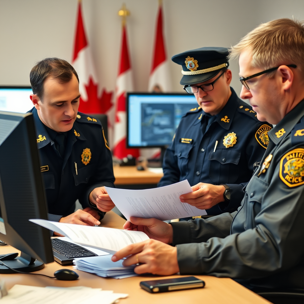 RCMP officers examining documents and computer screens during a fraud investigation, with Canadian flag visible in background