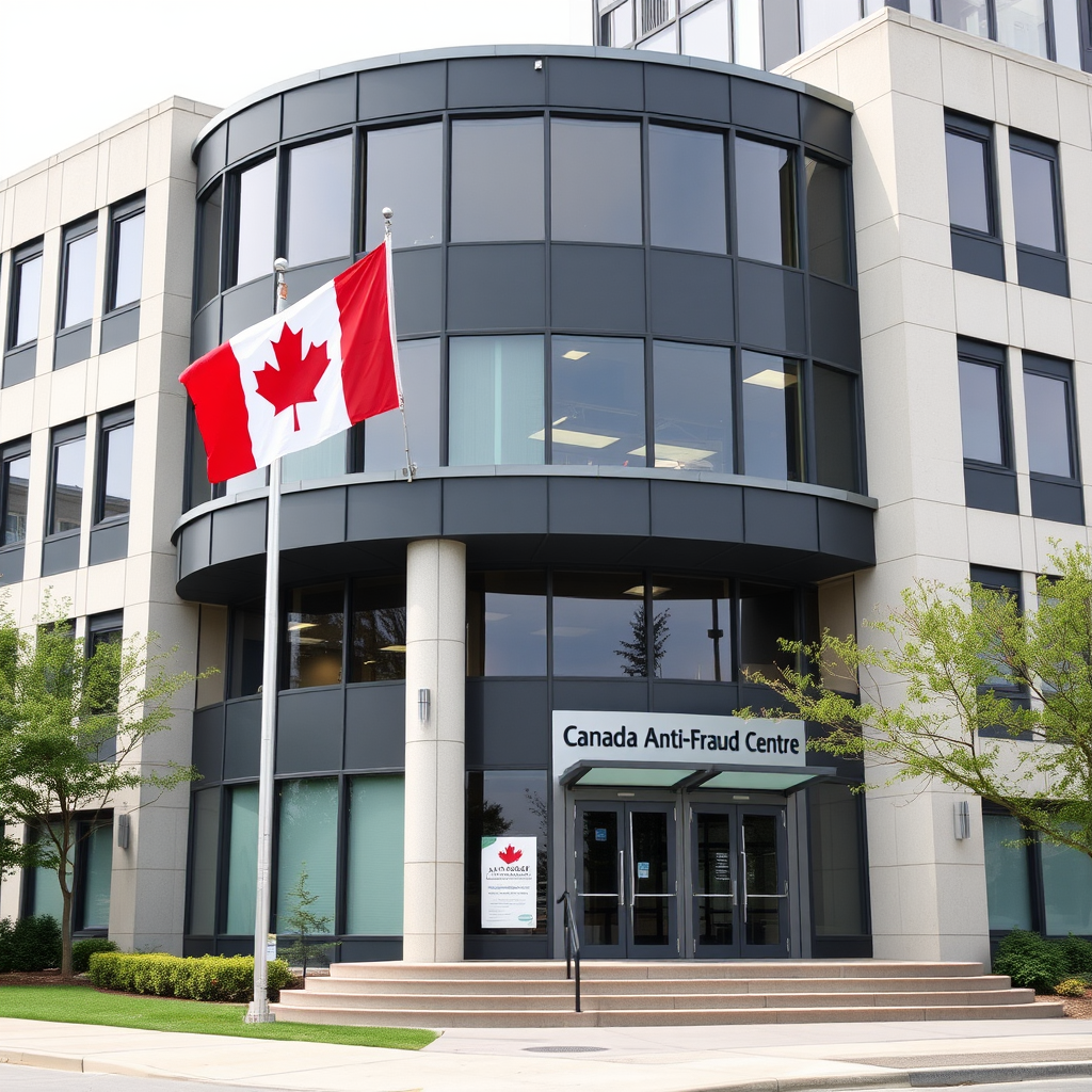Modern government building housing the Canadian Anti-Fraud Centre with Canadian flag and official signage, representing cybercrime investigation headquarters