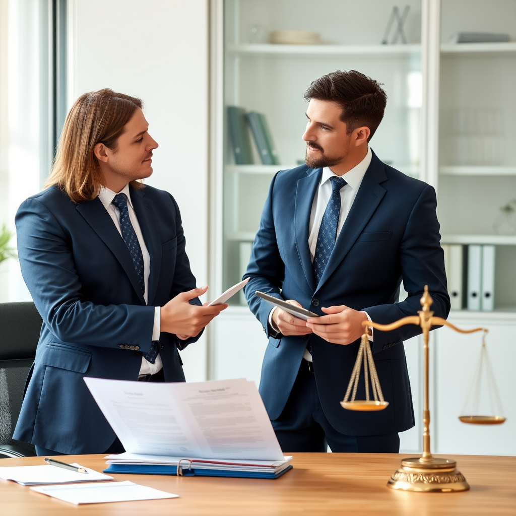 Professional lawyer in navy blue suit consulting with fraud victim client in modern office setting with legal documents and scales of justice