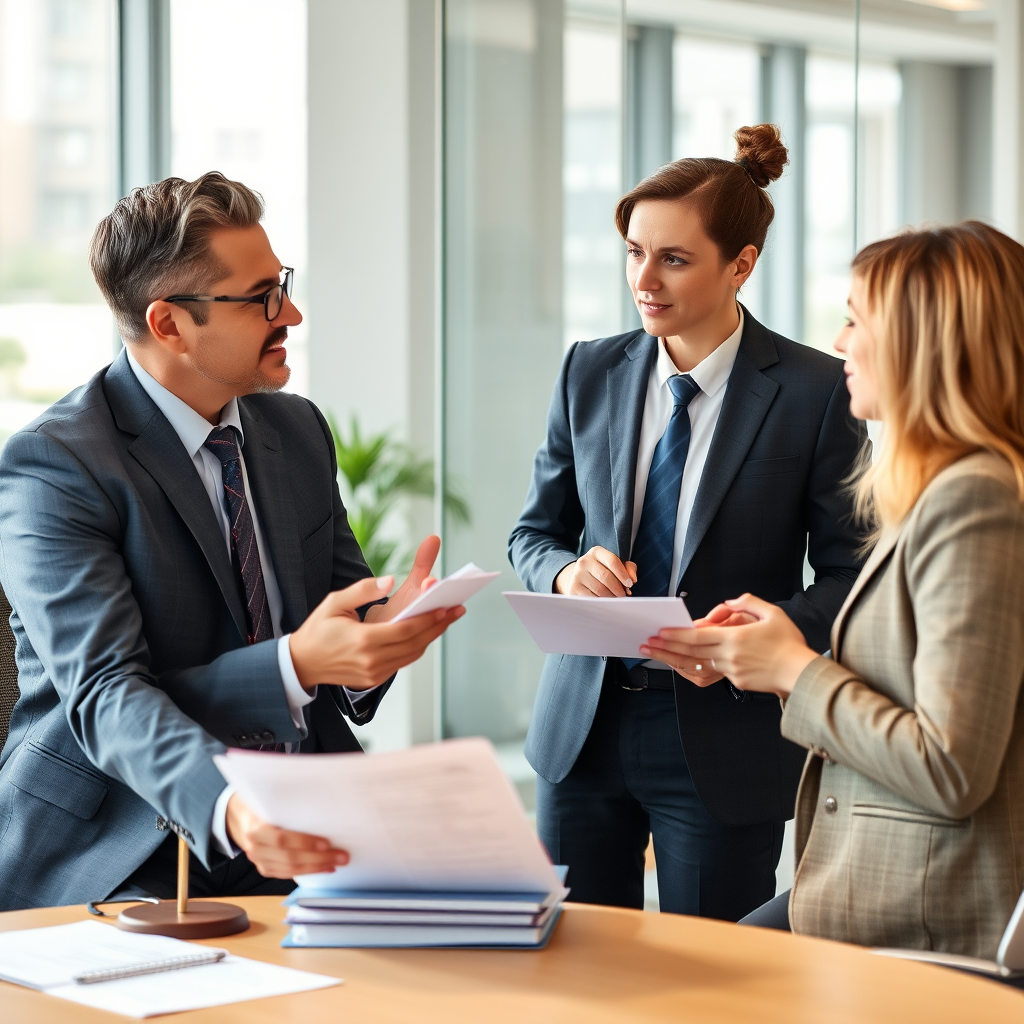 Professional lawyer consulting with fraud victim in modern office setting, discussing legal documents and case strategy