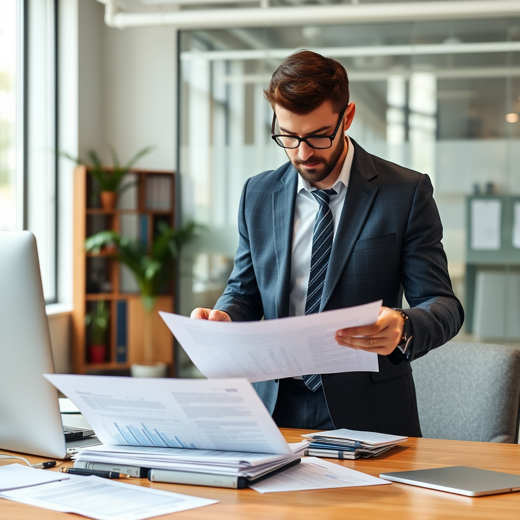 Professional investigator analyzing financial documents and evidence for fraud case investigation in a modern office setting