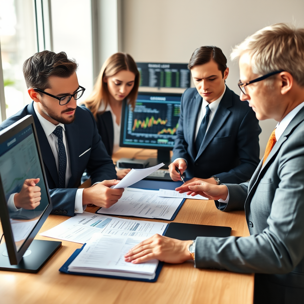 Professional legal team working on asset recovery case with documents and computer screens showing financial tracking data