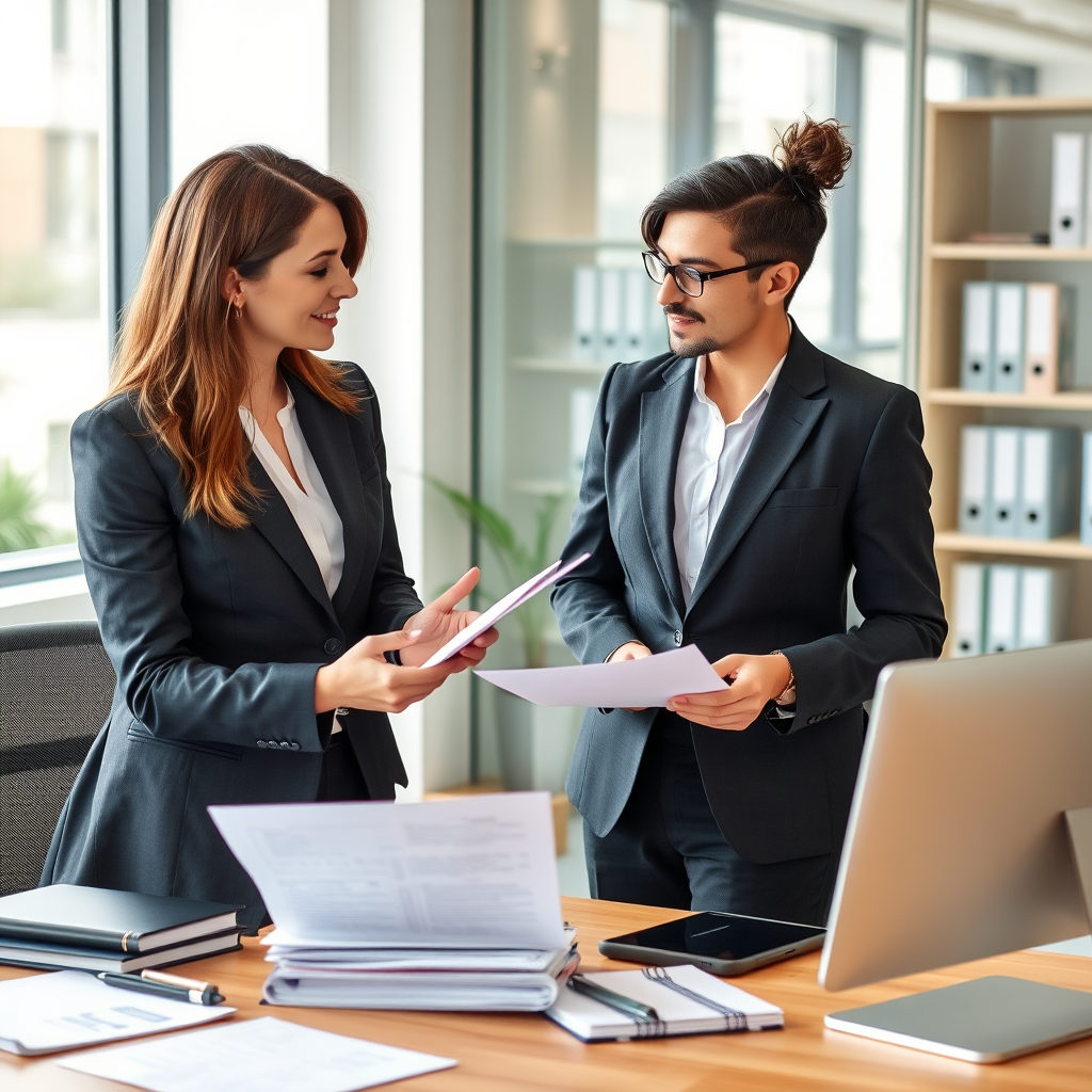 Professional legal advocate providing support to fraud victim in modern office setting with legal documents and consultation materials