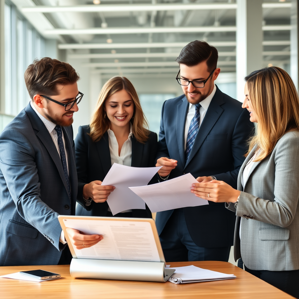 Professional business team reviewing fraud prevention documents and security protocols in a modern Canadian corporate office setting