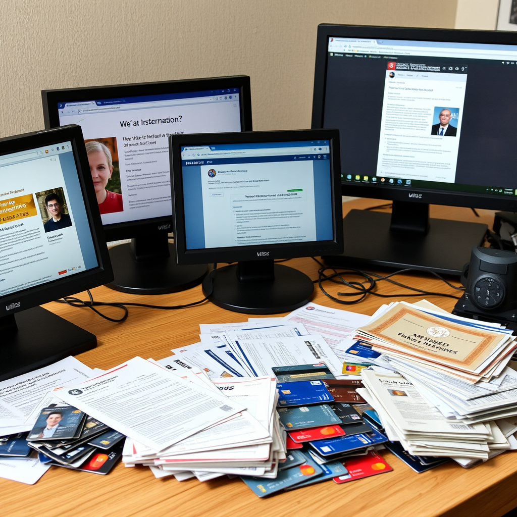 Computer screens showing fraudulent websites and phishing emails, with stacks of fake identification documents and credit cards spread across an investigation table