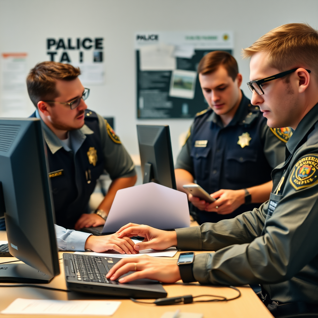 Law enforcement officers working with computers and digital forensics equipment to investigate financial crimes and trace digital assets