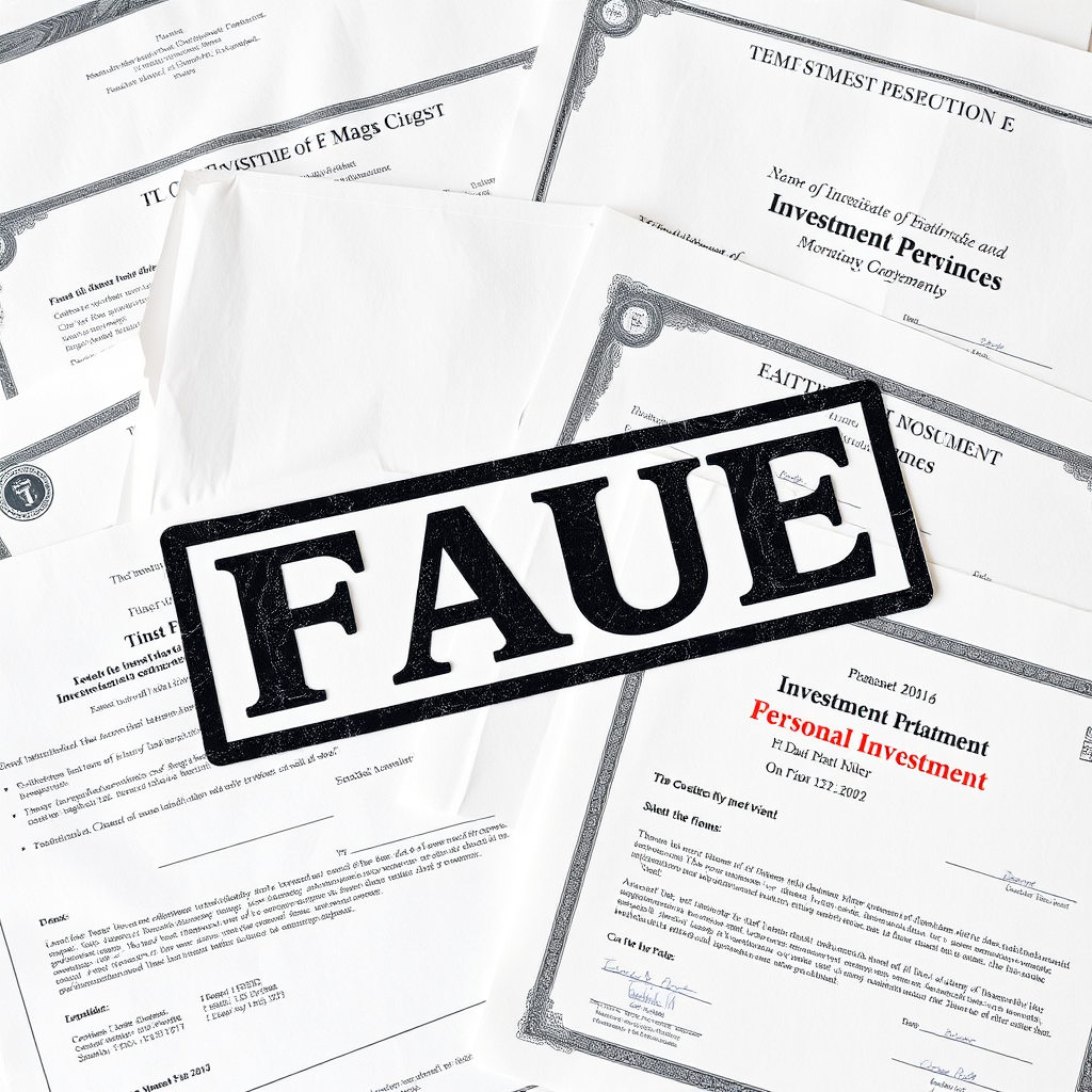 Stack of professional-looking fake investment documents and certificates used by fraudsters to deceive elderly victims