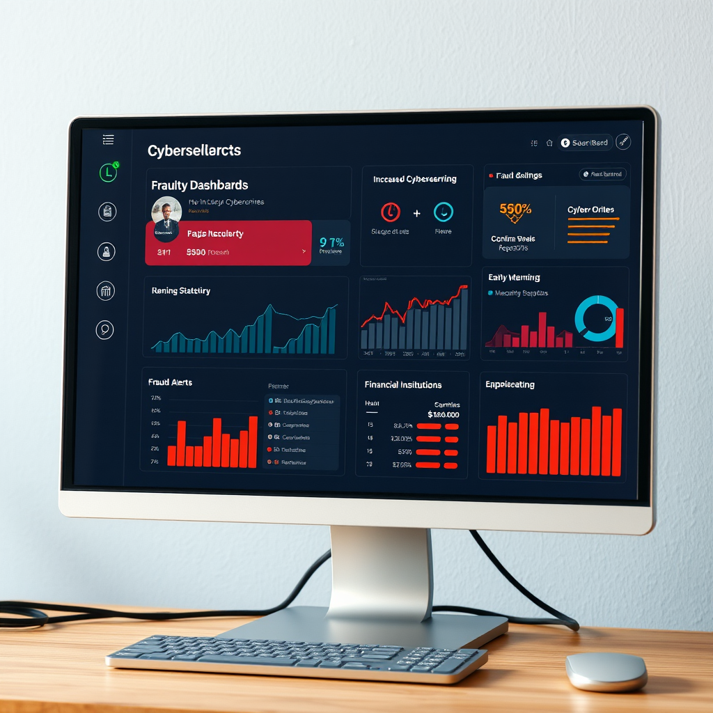 Computer screen displaying cybersecurity dashboard with fraud alerts, charts showing increasing cybercrime statistics, and warning indicators for financial institutions