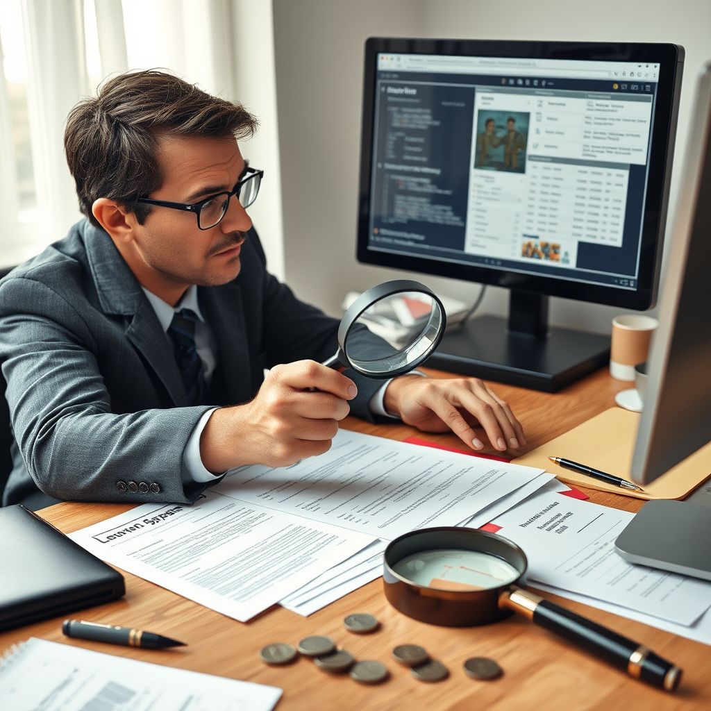 Detective investigator analyzing financial documents and evidence on desk with magnifying glass and computer showing fraud case details