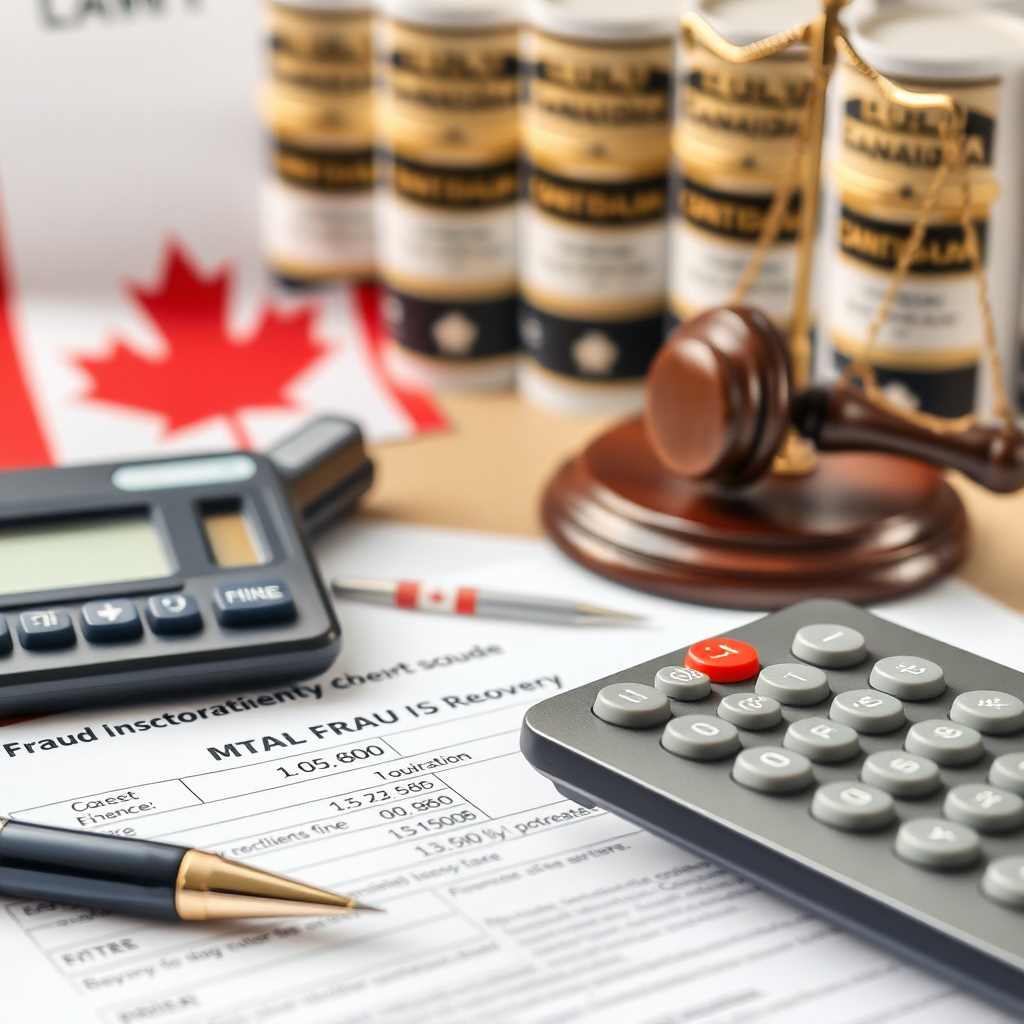 Legal documents and calculator showing financial fraud recovery calculations with Canadian legal codes in background