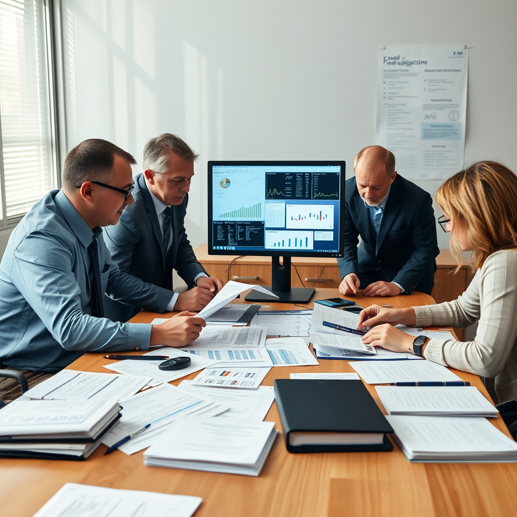 Fraud investigation team examining financial documents, computer screens showing digital evidence, and case files spread across a conference table