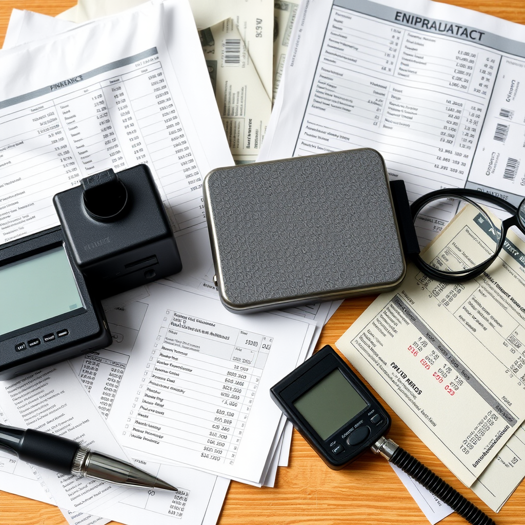 Financial documents, bank statements, and digital forensics equipment used in asset recovery investigations