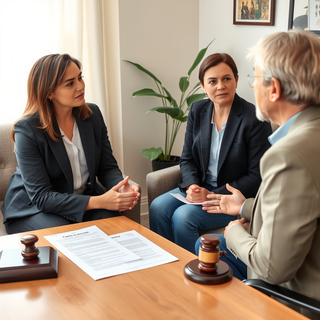 Victim advocate meeting with fraud victim in comfortable consultation room, showing supportive conversation and legal documents on table
