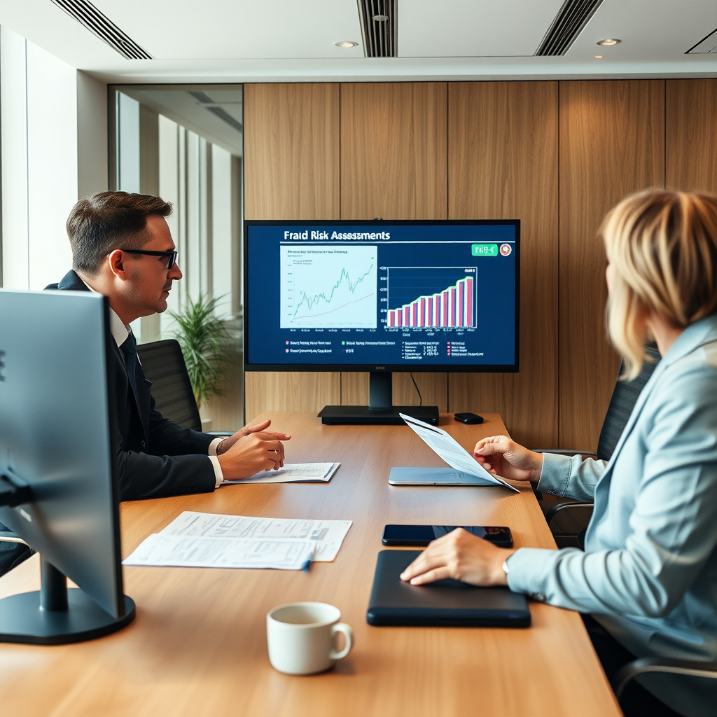 Business executives analyzing fraud risk assessment charts and security protocols on computer screens in a modern Canadian corporate boardroom