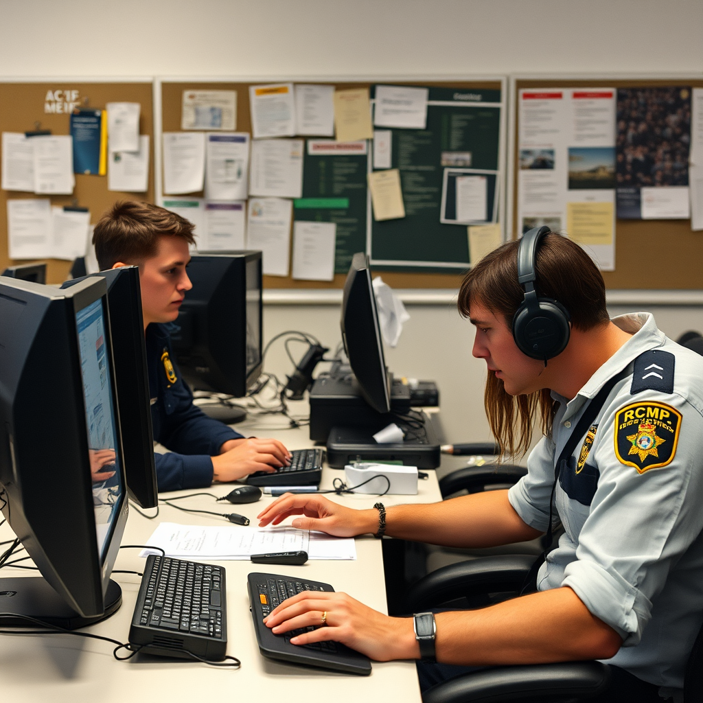 RCMP cybercrime unit officers working at computers investigating identity theft ring with digital forensics equipment and evidence boards in background