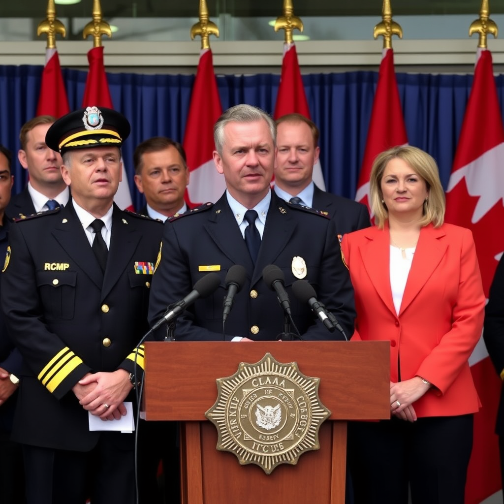 RCMP officials and legal representatives at a press conference announcing the successful dismantling of the identity theft ring, with Canadian flags and official podium visible