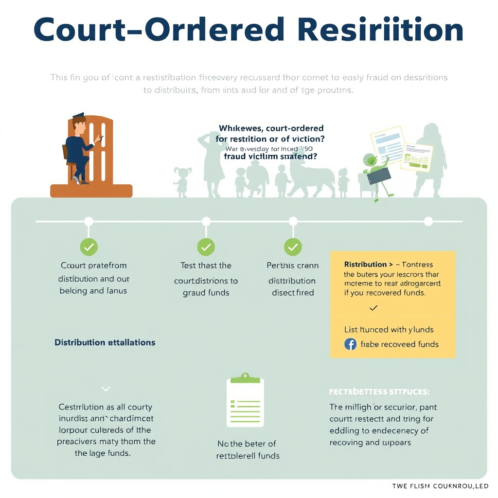 Infographic showing the court-ordered restitution process for fraud victims, including timeline and distribution methods for recovered funds