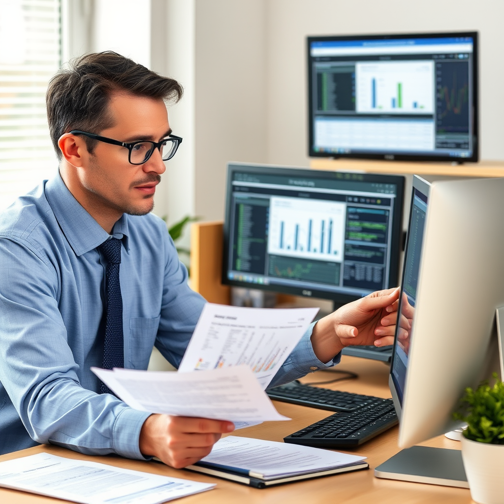 Financial recovery specialist working with banking documents and computer screens showing asset tracing and recovery process for fraud victims