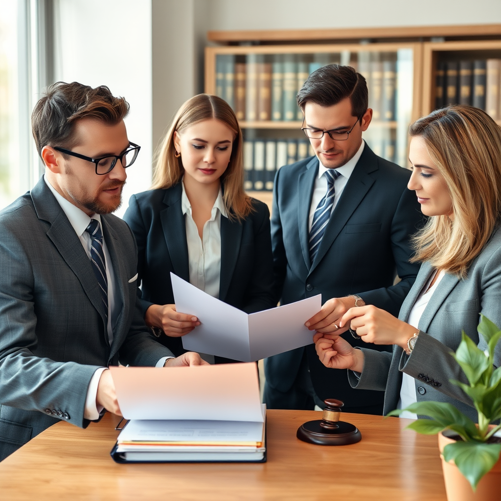 Professional legal team of fraud lawyers in Canadian law office, reviewing case files and legal documents for fraud victims