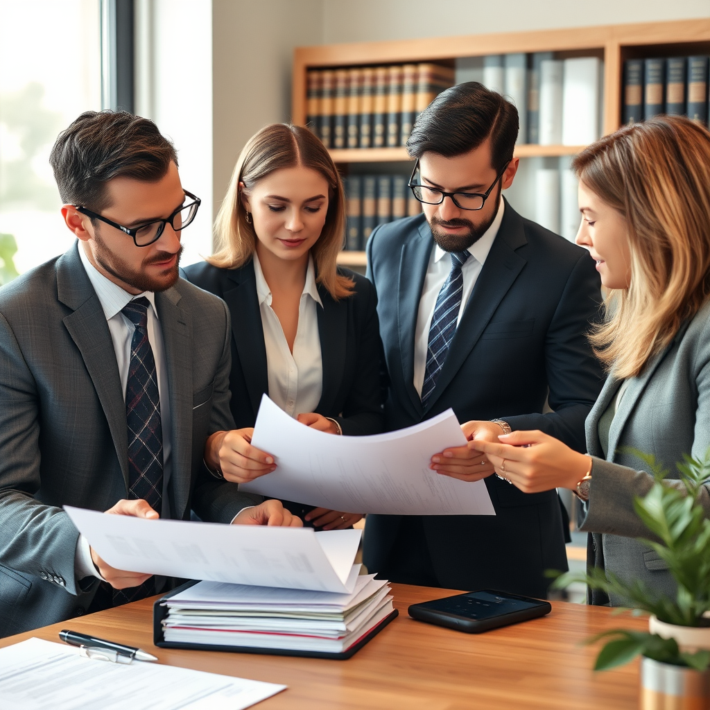 Legal team reviewing investigation reports and evidence files in preparation for fraud case proceedings in a professional law office