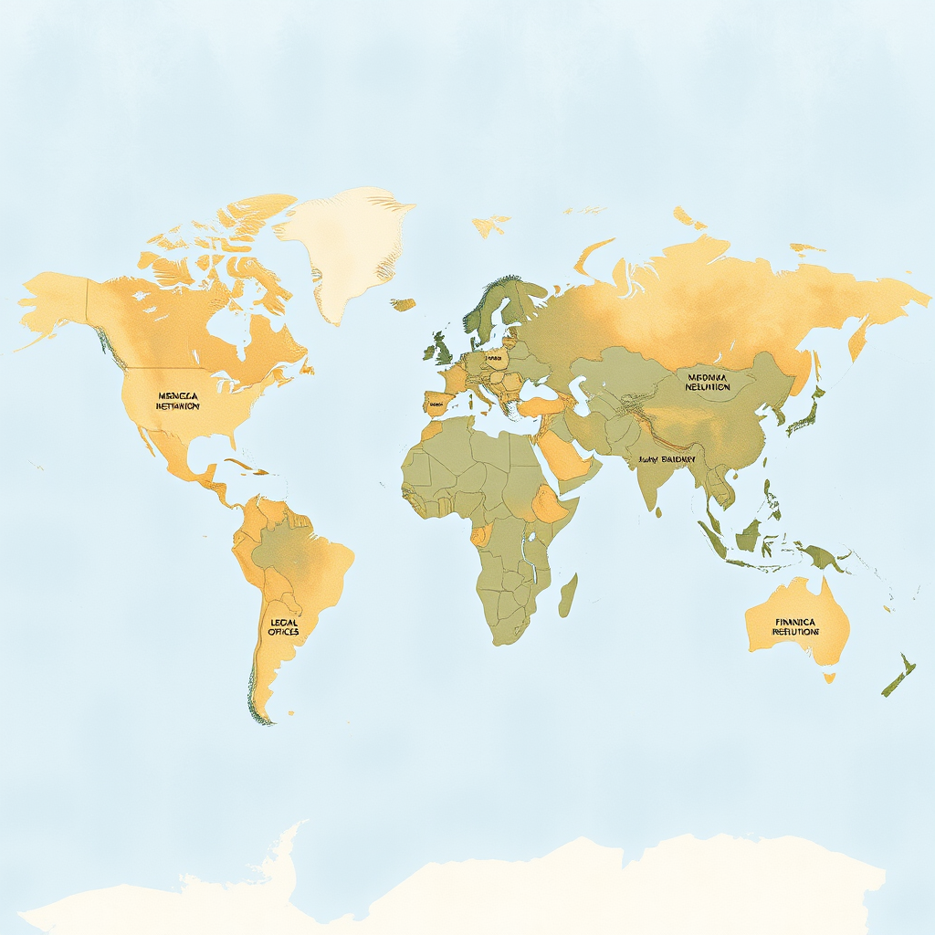 World map showing international network connections between legal offices and financial institutions for global asset recovery operations