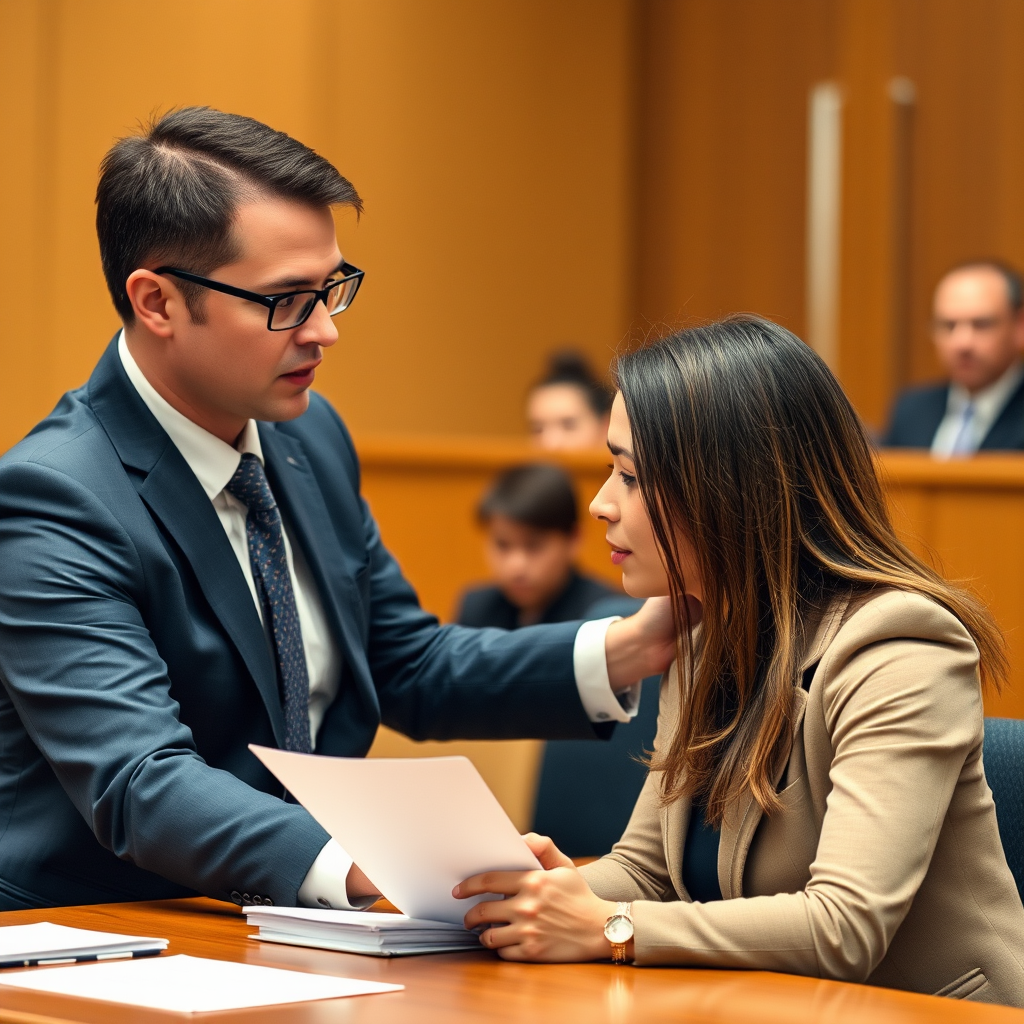 Professional courtroom scene with victim advocate supporting fraud victim during legal proceedings, showing supportive presence during testimony