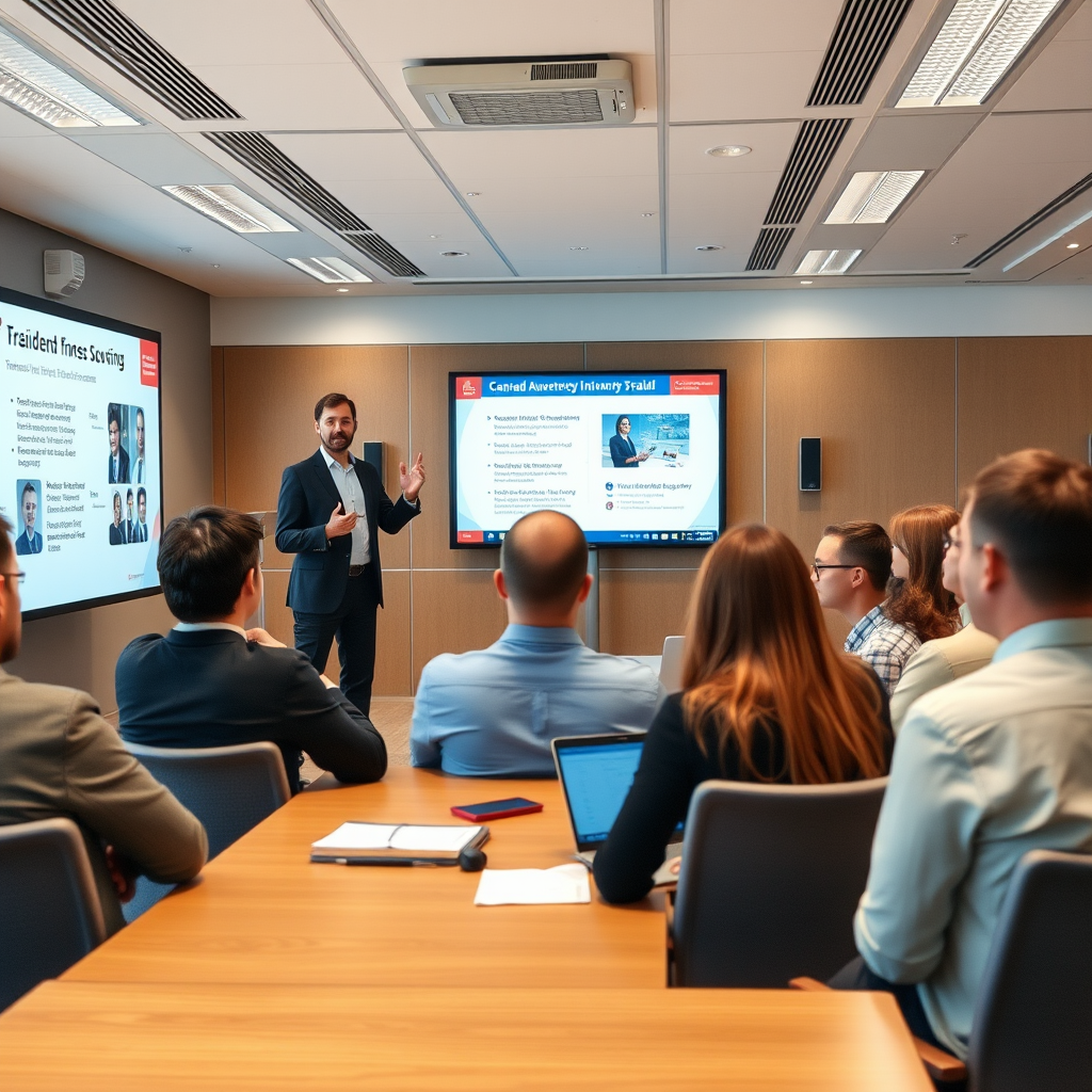 Professional trainer conducting fraud awareness workshop for Canadian business employees in a modern conference room with presentation screens showing fraud prevention techniques