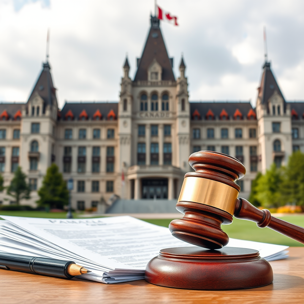 Canadian Parliament building with legal documents and gavel in foreground representing new federal legislation for consumer protection against financial crimes