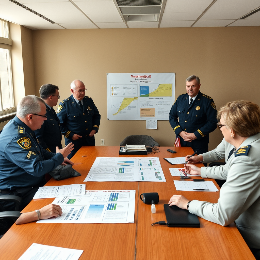 RCMP officers and investigators gathered around conference table with charts and evidence boards showing fraud investigation progress