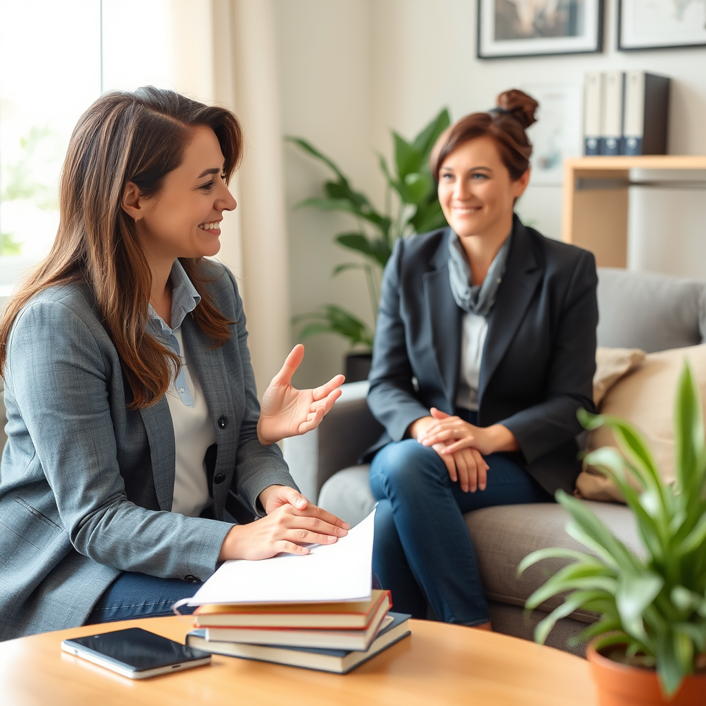 Compassionate victim advocate counselor providing support to fraud victim in comfortable office setting with supportive gestures and legal resources