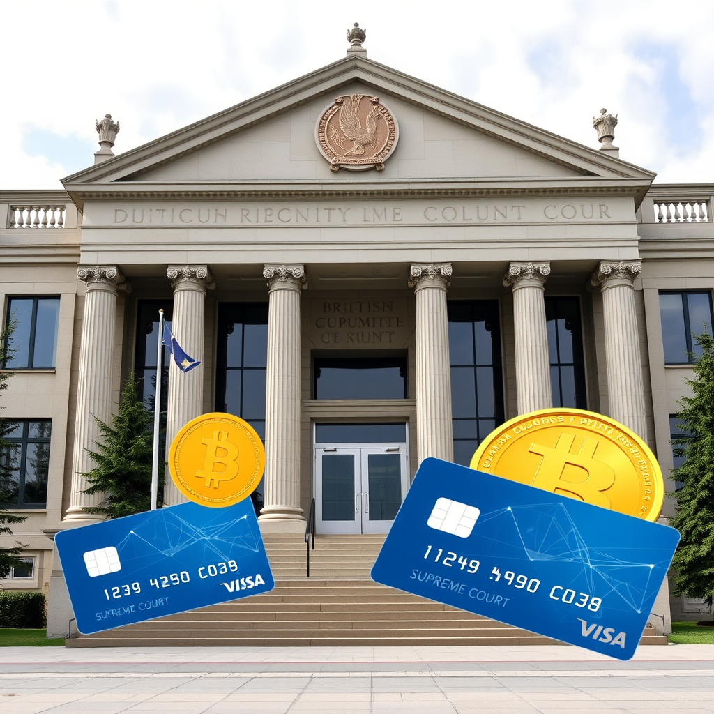British Columbia Supreme Court building exterior with cryptocurrency symbols and credit cards representing landmark digital payment fraud case ruling