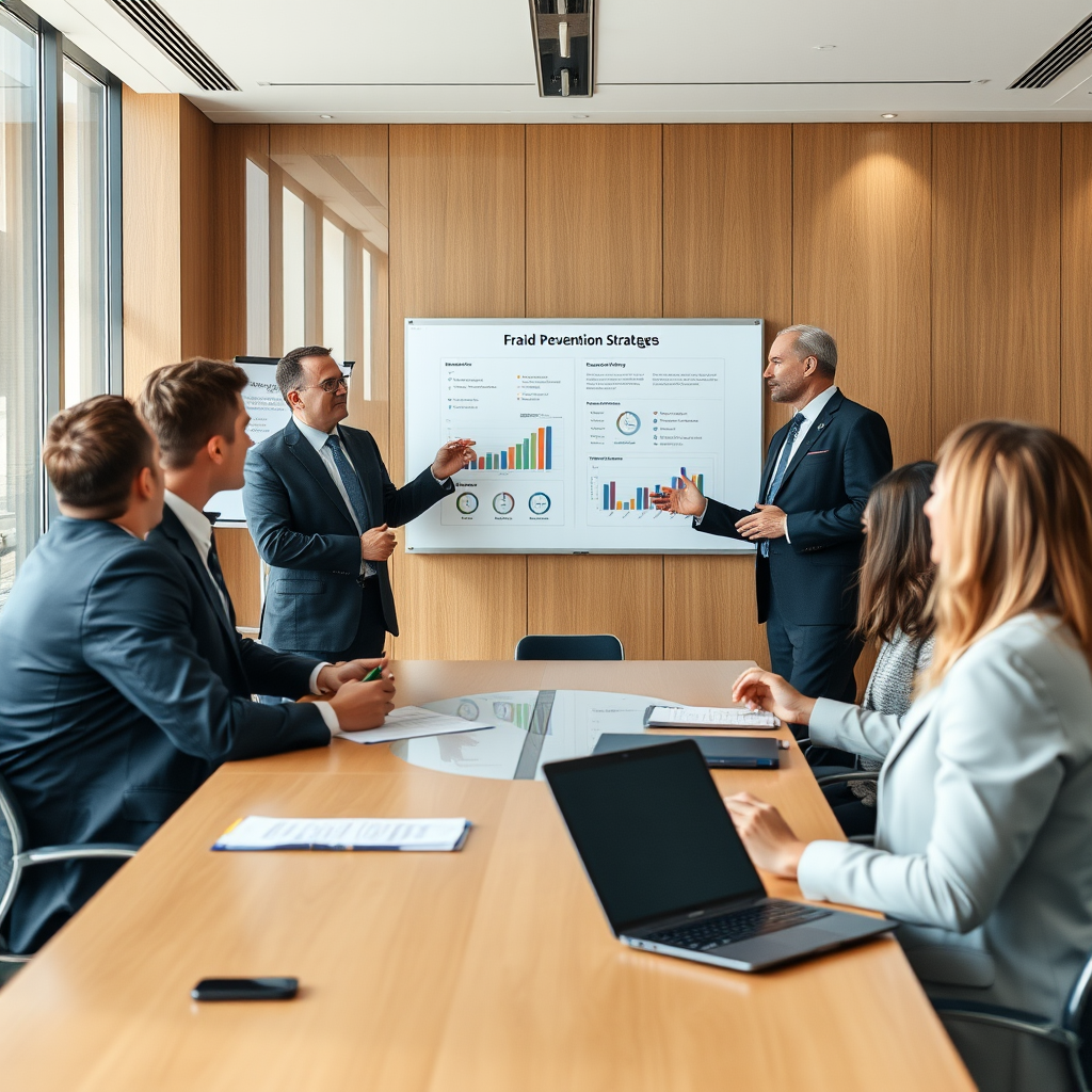 Corporate security consultant presenting fraud prevention strategies to business executives in modern boardroom with charts and security protocols displayed